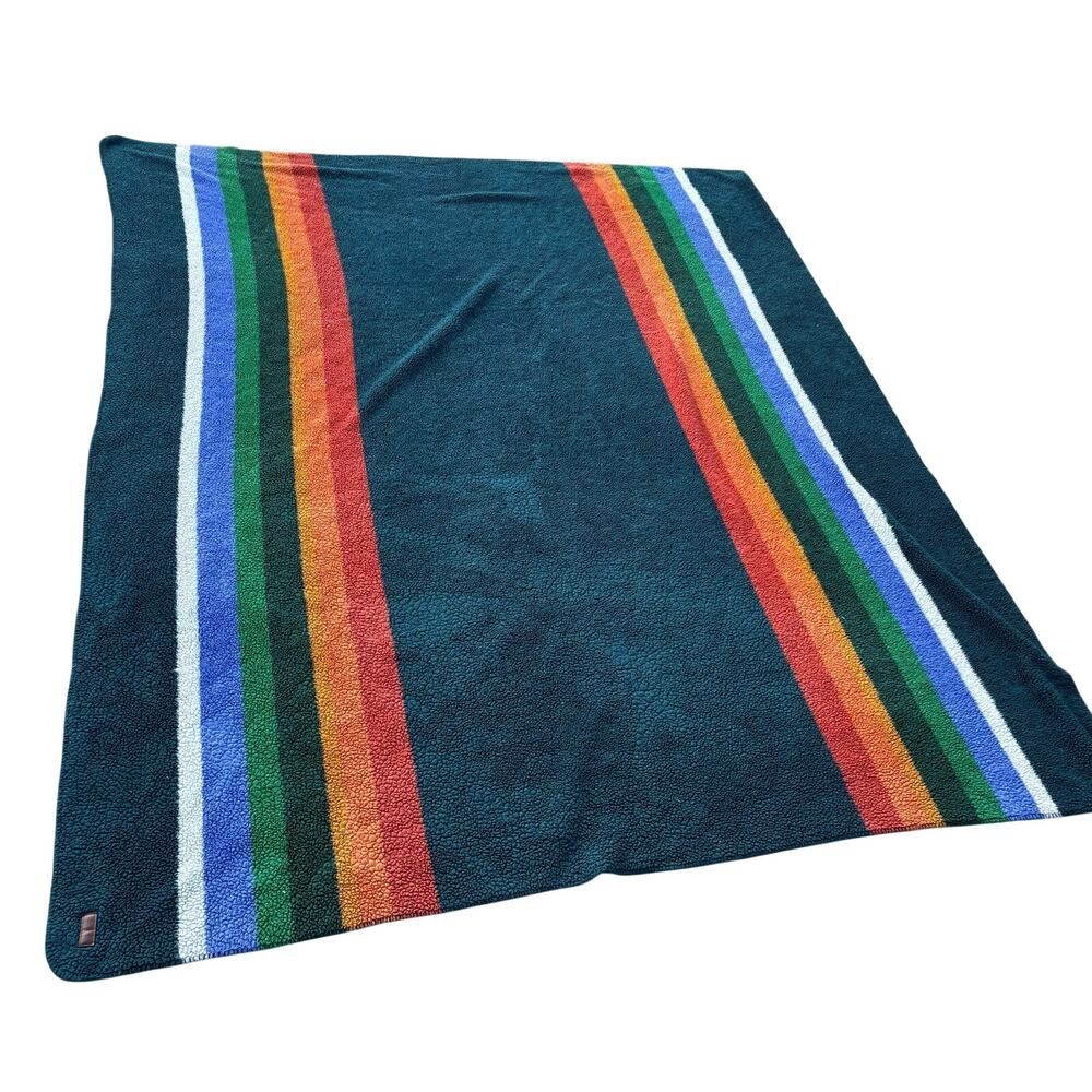 Pendleton King Size Blanket Grand Canyon Blue Soft Sherpa Fleece Colored Stripes